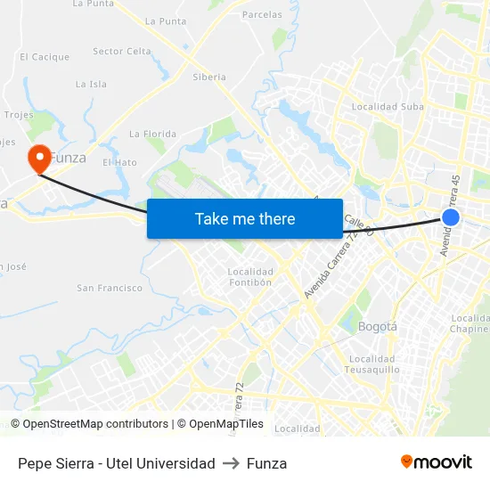 Pepe Sierra - Utel Universidad to Funza map