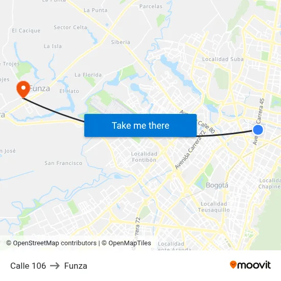 Calle 106 to Funza map