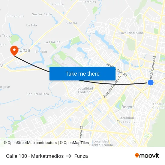 Calle 100 - Marketmedios to Funza map