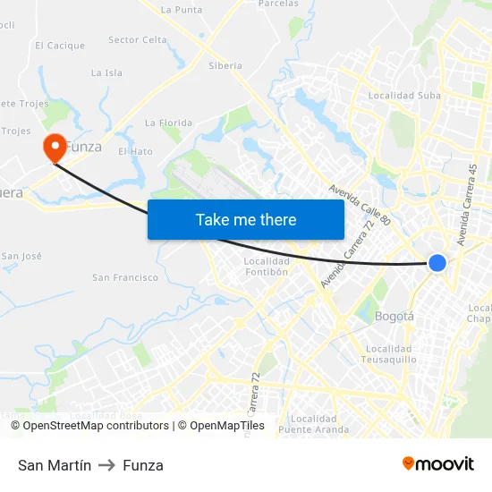San Martín to Funza map