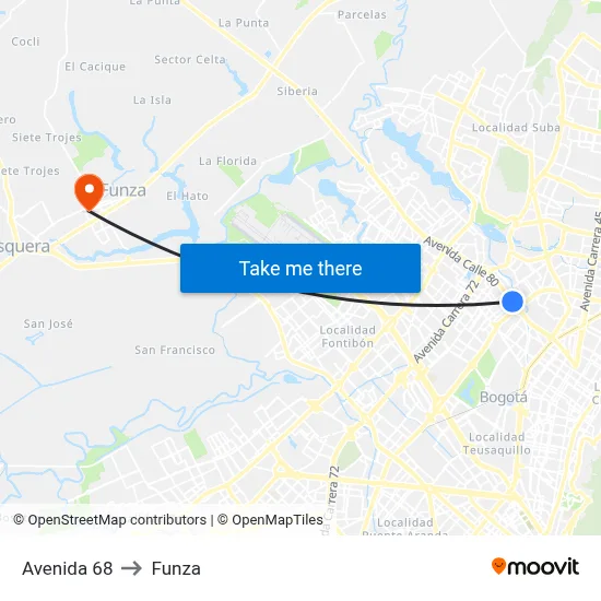 Avenida 68 to Funza map