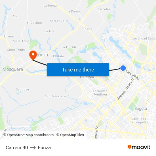 Carrera 90 to Funza map
