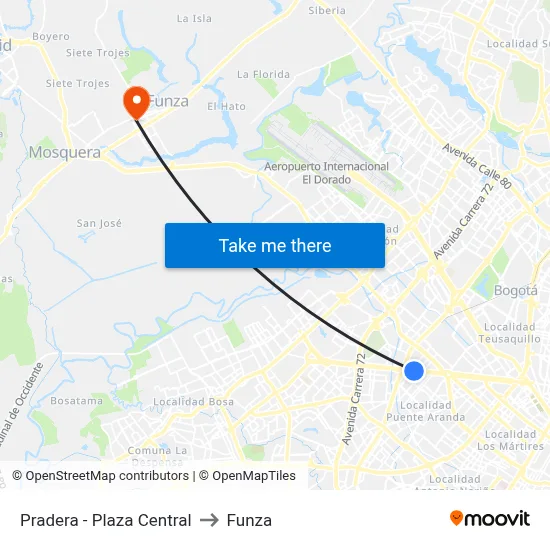 Pradera - Plaza Central to Funza map