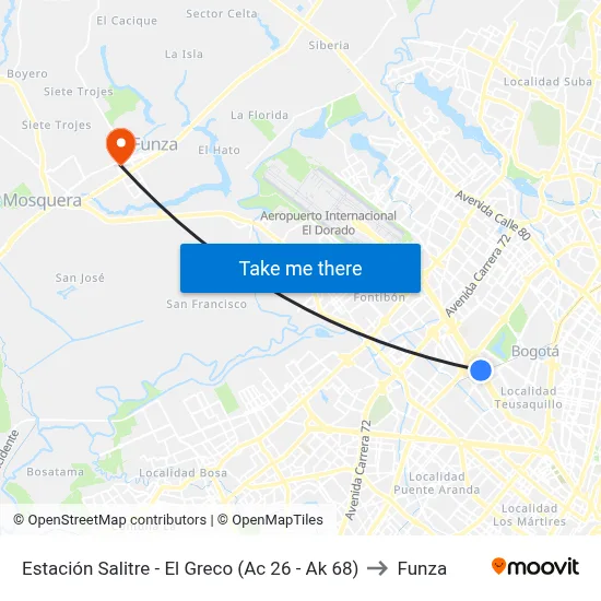 Estación Salitre - El Greco (Ac 26 - Ak 68) to Funza map