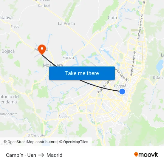 Campín - Uan to Madrid map