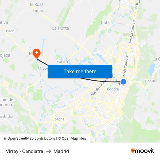 Virrey - Cendiatra to Madrid map