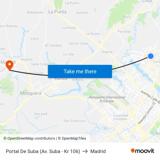 Portal De Suba (Av. Suba - Kr 106) to Madrid map