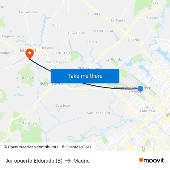 Aeropuerto Eldorado (B) to Madrid map