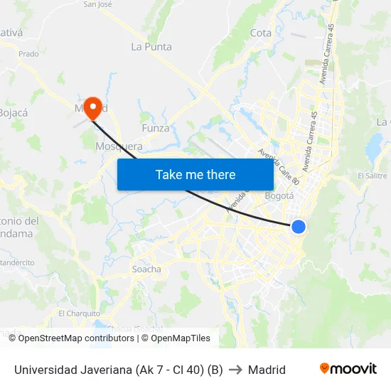 Universidad Javeriana (Ak 7 - Cl 40) (B) to Madrid map