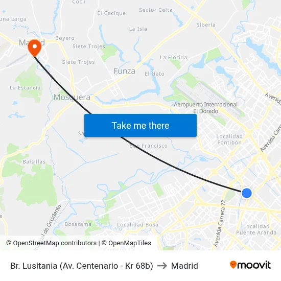 Br. Lusitania (Av. Centenario - Kr 68b) to Madrid map