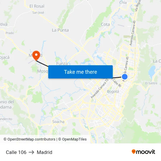 Calle 106 to Madrid map