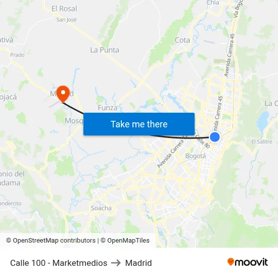 Calle 100 - Marketmedios to Madrid map