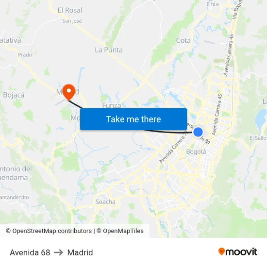 Avenida 68 to Madrid map