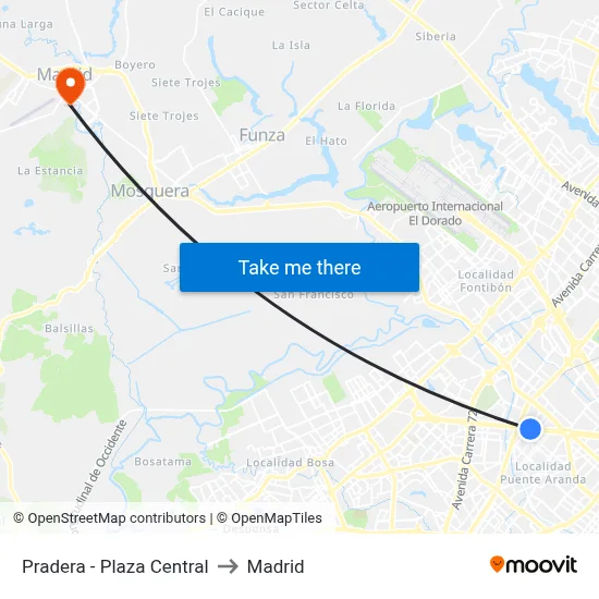 Pradera - Plaza Central to Madrid map