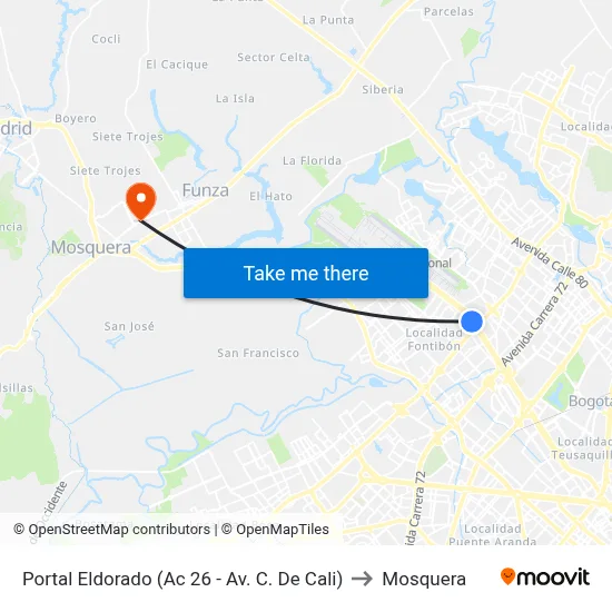 Portal Eldorado (Ac 26 - Av. C. De Cali) to Mosquera map