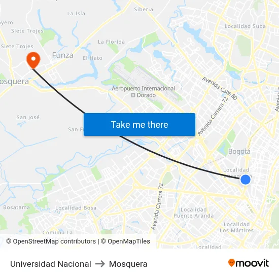 Universidad Nacional to Mosquera map