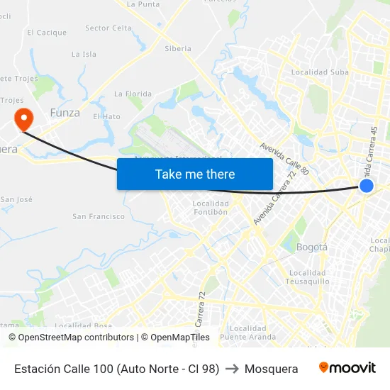 Estación Calle 100 (Auto Norte - Cl 98) to Mosquera map