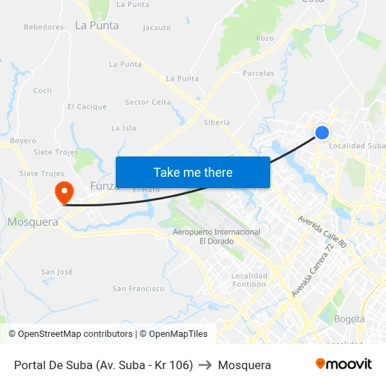 Portal De Suba (Av. Suba - Kr 106) to Mosquera map