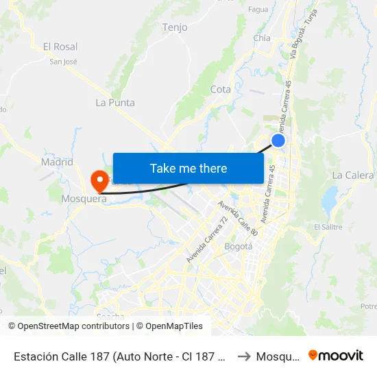 Estación Calle 187 (Auto Norte - Cl 187 Bis) (A) to Mosquera map