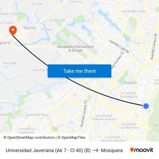 Universidad Javeriana (Ak 7 - Cl 40) (B) to Mosquera map