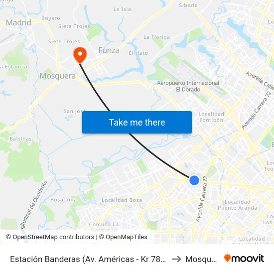 Estación Banderas (Av. Américas - Kr 78a) (A) to Mosquera map