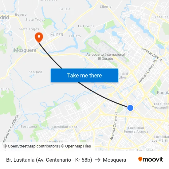 Br. Lusitania (Av. Centenario - Kr 68b) to Mosquera map
