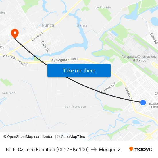 Br. El Carmen Fontibón (Cl 17 - Kr 100) to Mosquera map