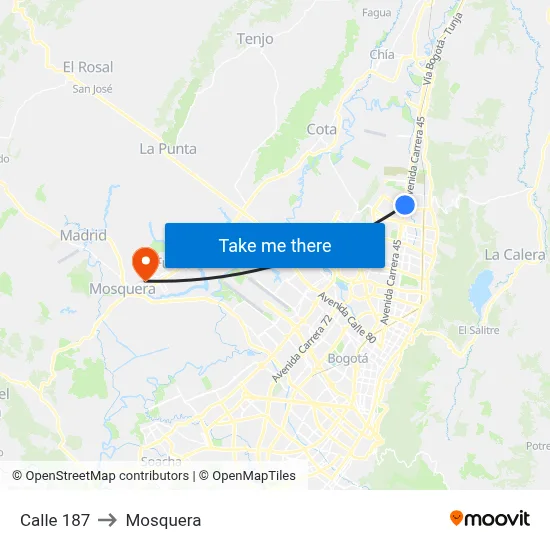 Calle 187 to Mosquera map