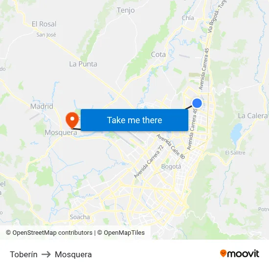 Toberín to Mosquera map