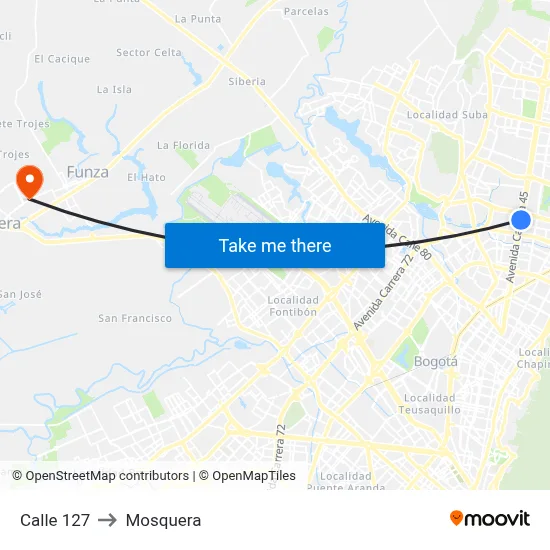 Calle 127 to Mosquera map