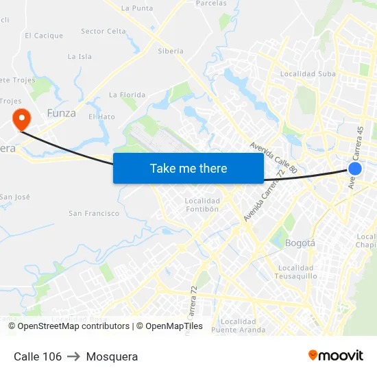 Calle 106 to Mosquera map