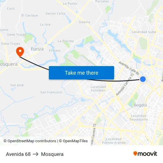 Avenida 68 to Mosquera map