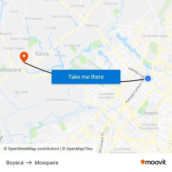 Boyacá to Mosquera map