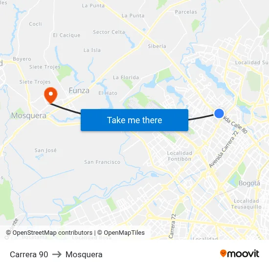 Carrera 90 to Mosquera map