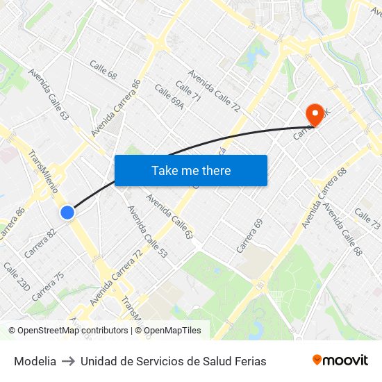 Modelia to Unidad de Servicios de Salud Ferias map