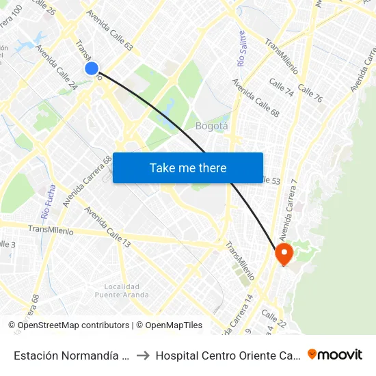 Estación Normandía (Ac 26 - Kr 74) to Hospital Centro Oriente Cami Perseverancia map