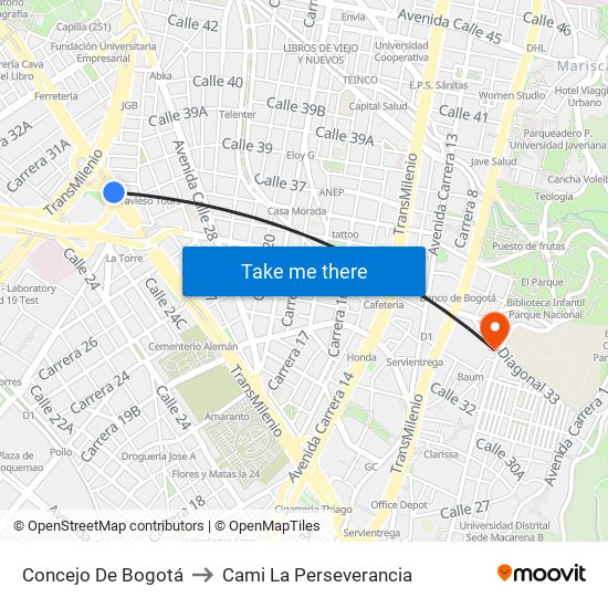 Concejo De Bogotá to Cami La Perseverancia map