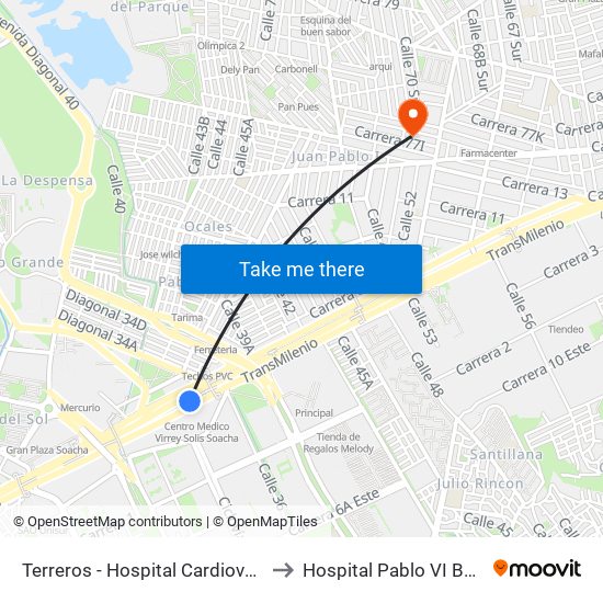 Terreros - Hospital Cardiovascular (Lado Sur) to Hospital Pablo VI Bosa Urgencias map