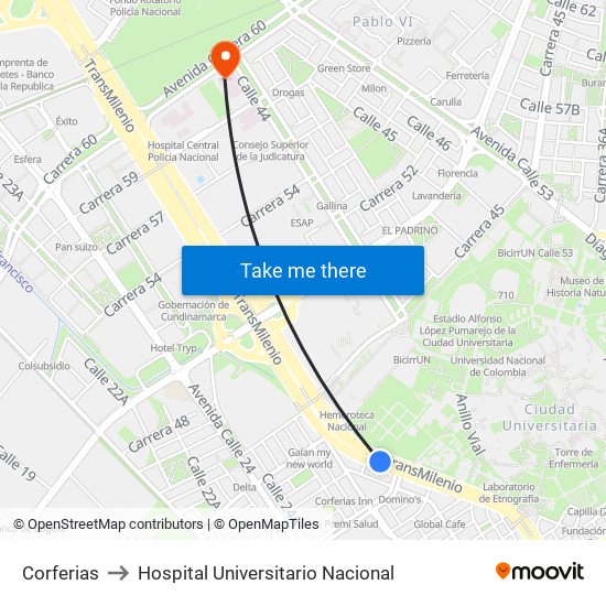 Corferias to Hospital Universitario Nacional map