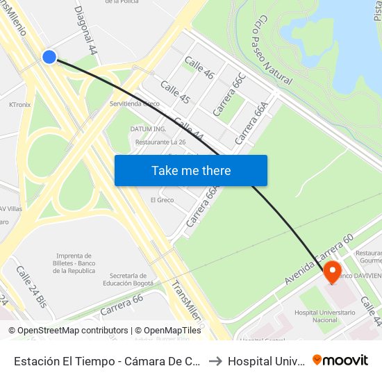 Estación El Tiempo - Cámara De Comercio De Bogotá (Ac 26 - Kr 68b Bis) to Hospital Universitario Nacional map