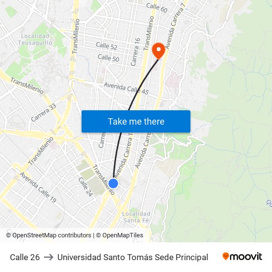 Calle 26 to Universidad Santo Tomás Sede Principal map