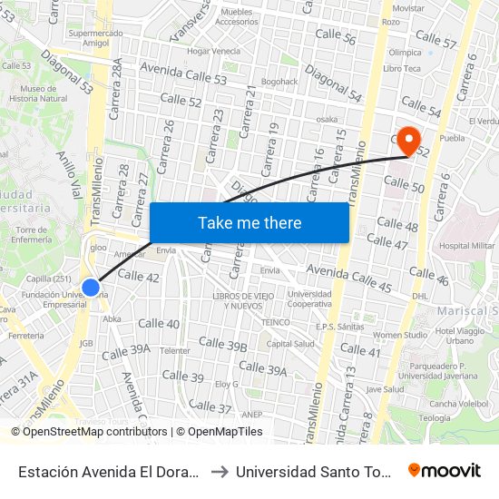 Estación Avenida El Dorado (Av. NQS - Cl 40a) to Universidad Santo Tomás Sede Principal map