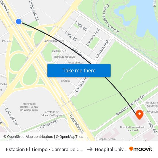 Estación El Tiempo - Cámara De Comercio De Bogotá (Ac 26 - Kr 68b Bis) to Hospital Universiario Nacional map