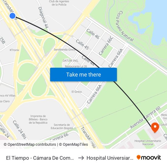 El Tiempo - Cámara De Comercio De Bogotá to Hospital Universiario Nacional map