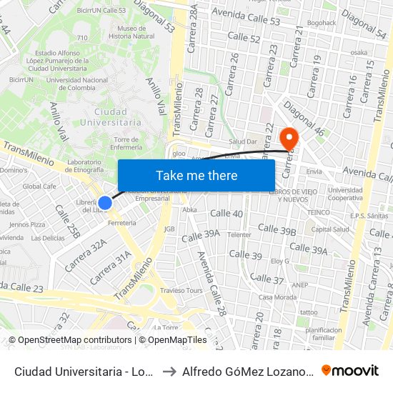 Ciudad Universitaria - Lotería De Bogotá to Alfredo GóMez Lozano Fisoterapeuta map