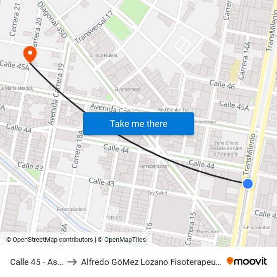 Calle 45 - Asw to Alfredo GóMez Lozano Fisoterapeuta map