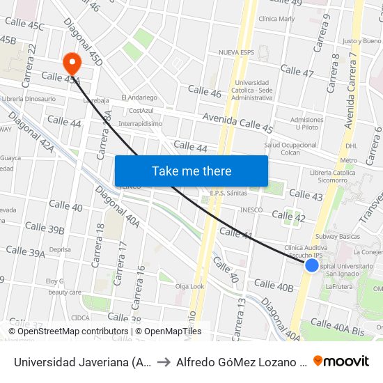 Universidad Javeriana (Ak 7 - Cl 40) (B) to Alfredo GóMez Lozano Fisoterapeuta map