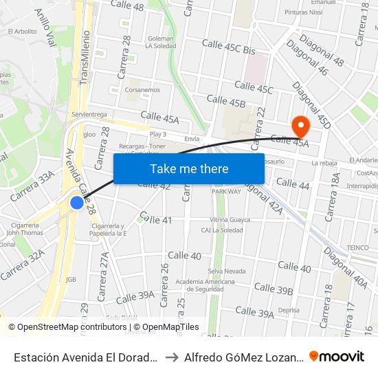 Estación Avenida El Dorado (Av. NQS - Cl 40a) to Alfredo GóMez Lozano Fisoterapeuta map