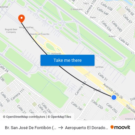 Br. San José De Fontibón (Ac 26 - Kr 96a) to Aeropuerto El Dorado: Terminal T2 map