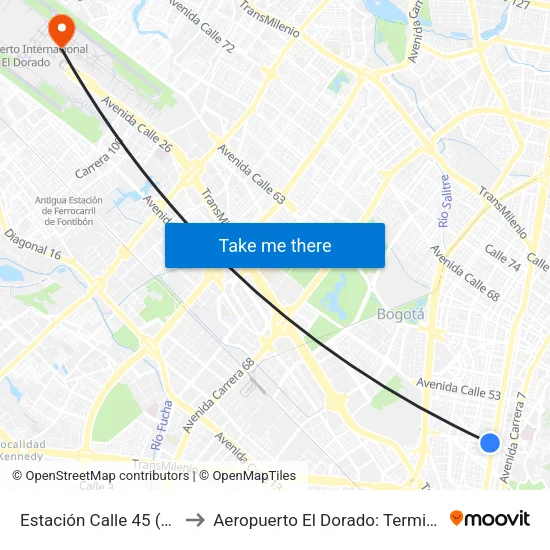 Estación Calle 45 (Ac 45 - Av. Caracas) to Aeropuerto El Dorado: Terminal Nacional Costado Norte map